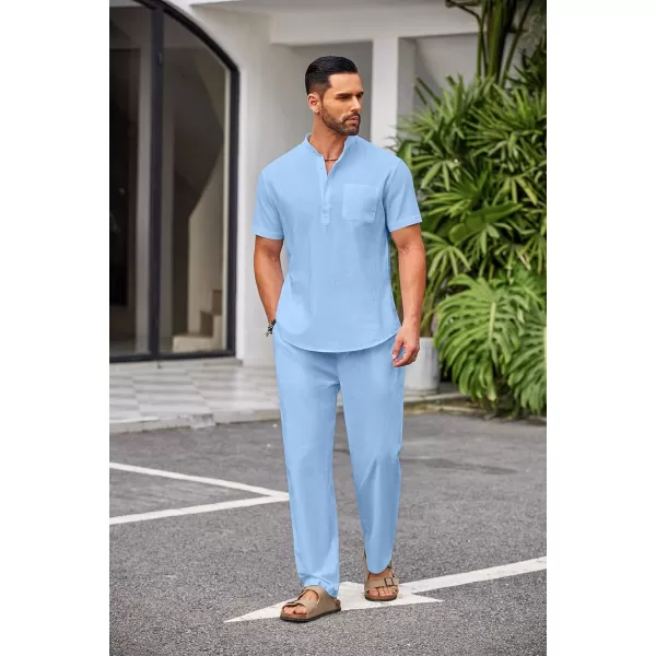 COOFANDY Men's 2 Pieces Cotton Linen Set Casual Short Sleeve Henley Shirts Beach Yoga Pants Summer Outfits