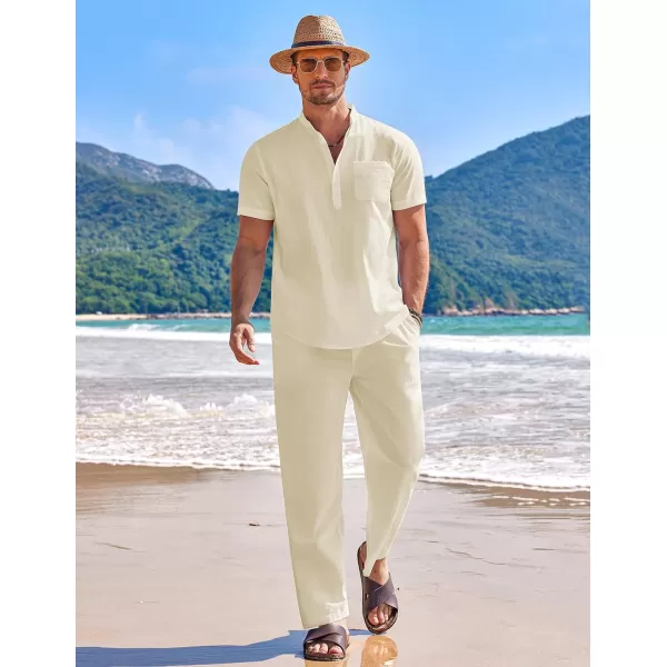 COOFANDY Men's 2 Pieces Cotton Linen Set Casual Short Sleeve Henley Shirts Beach Yoga Pants Summer Outfits