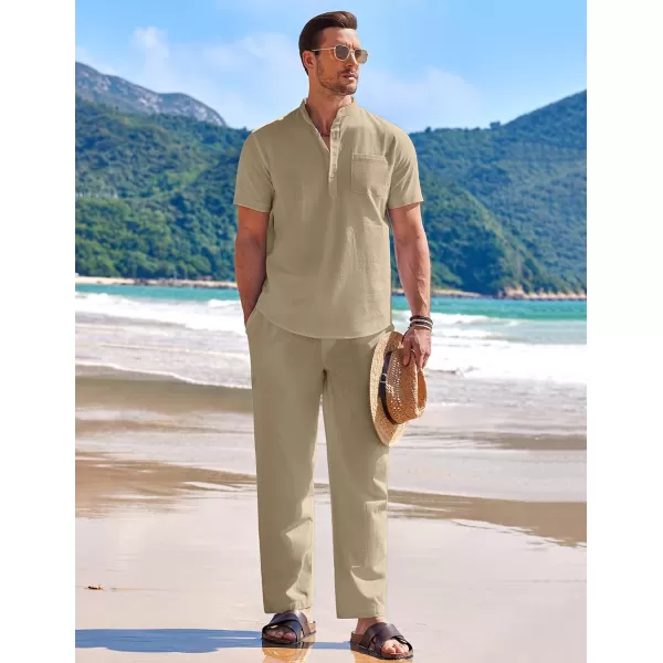 COOFANDY Men's 2 Pieces Cotton Linen Set Casual Short Sleeve Henley Shirts Beach Yoga Pants Summer Outfits