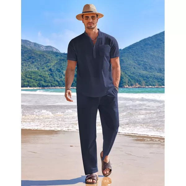 COOFANDY Men's 2 Pieces Cotton Linen Set Casual Short Sleeve Henley Shirts Beach Yoga Pants Summer Outfits