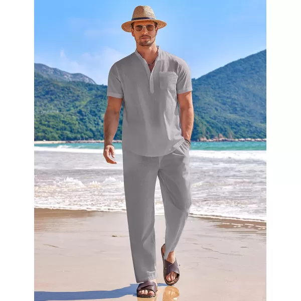 COOFANDY Men's 2 Pieces Cotton Linen Set Casual Short Sleeve Henley Shirts Beach Yoga Pants Summer Outfits