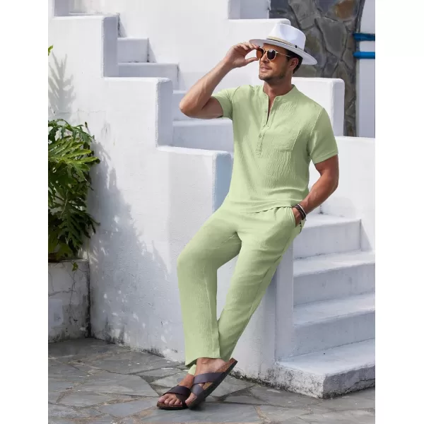 COOFANDY Men's 2 Pieces Cotton Linen Set Casual Short Sleeve Henley Shirts Beach Yoga Pants Summer Outfits