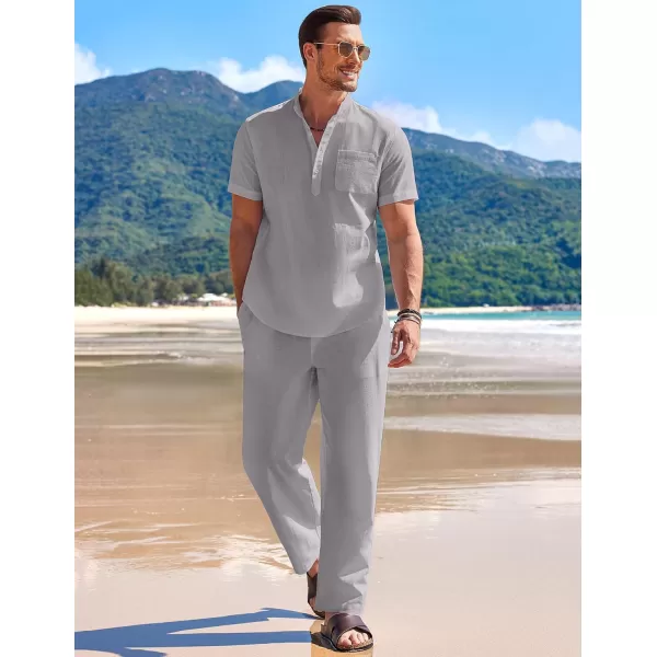 COOFANDY Men's 2 Pieces Cotton Linen Set Casual Short Sleeve Henley Shirts Beach Yoga Pants Summer Outfits