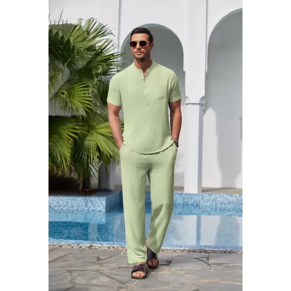COOFANDY Men's 2 Pieces Cotton Linen Set Casual Short Sleeve Henley Shirts Beach Yoga Pants Summer Outfits