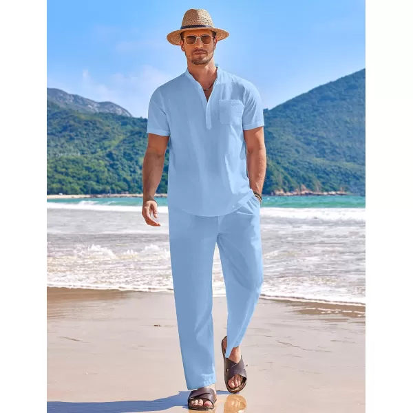 COOFANDY Men's 2 Pieces Cotton Linen Set Casual Short Sleeve Henley Shirts Beach Yoga Pants Summer Outfits
