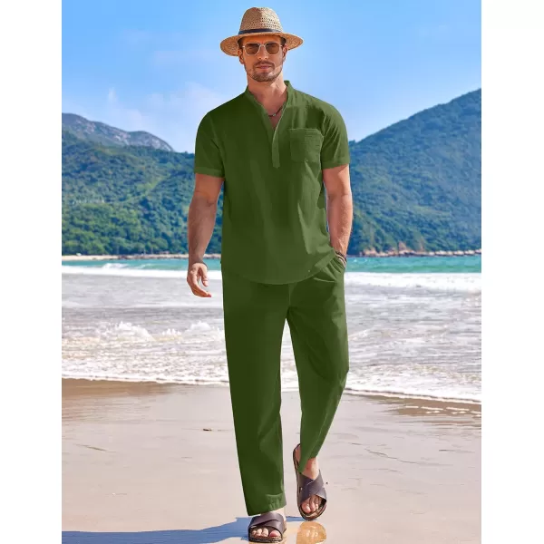 COOFANDY Men's 2 Pieces Cotton Linen Set Casual Short Sleeve Henley Shirts Beach Yoga Pants Summer Outfits