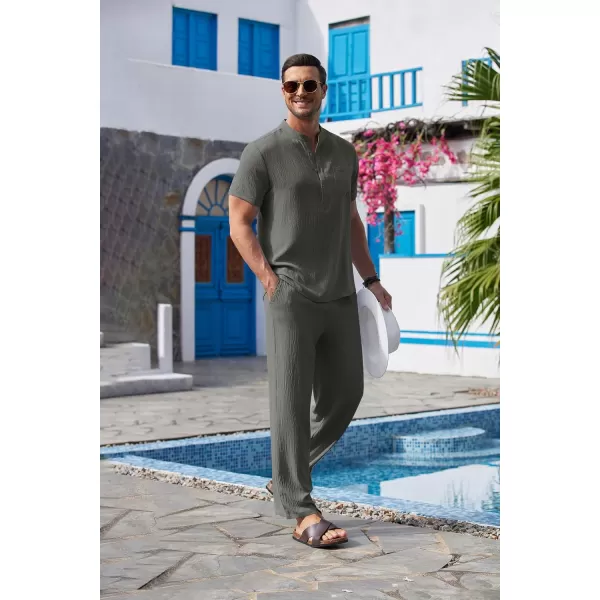 COOFANDY Men's 2 Pieces Cotton Linen Set Casual Short Sleeve Henley Shirts Beach Yoga Pants Summer Outfits