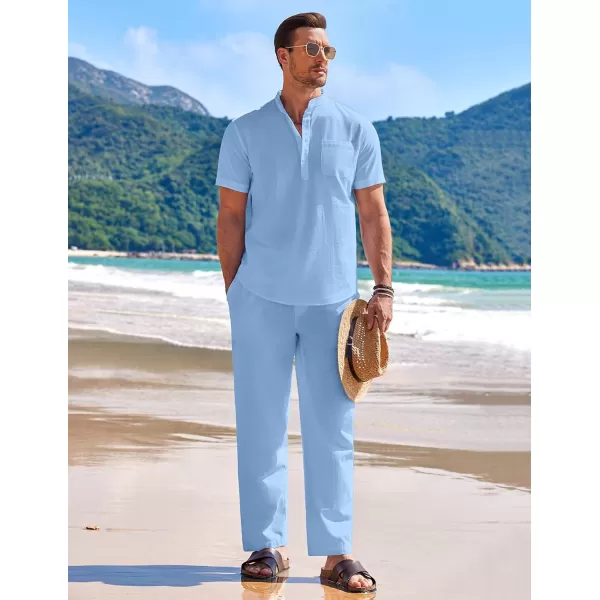 COOFANDY Men's 2 Pieces Cotton Linen Set Casual Short Sleeve Henley Shirts Beach Yoga Pants Summer Outfits