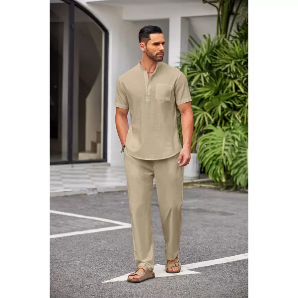 COOFANDY Men's 2 Pieces Cotton Linen Set Casual Short Sleeve Henley Shirts Beach Yoga Pants Summer Outfits