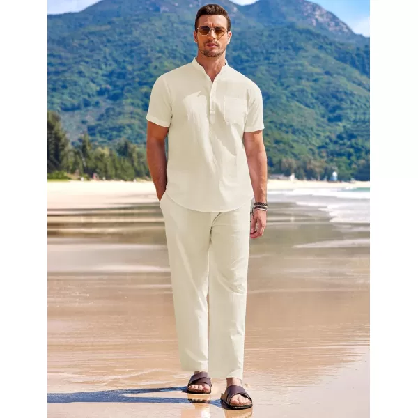 COOFANDY Men's 2 Pieces Cotton Linen Set Casual Short Sleeve Henley Shirts Beach Yoga Pants Summer Outfits