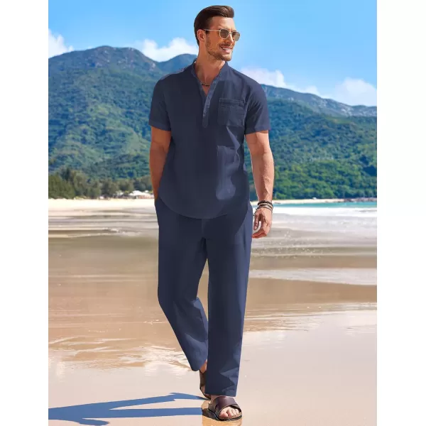 COOFANDY Men's 2 Pieces Cotton Linen Set Casual Short Sleeve Henley Shirts Beach Yoga Pants Summer Outfits