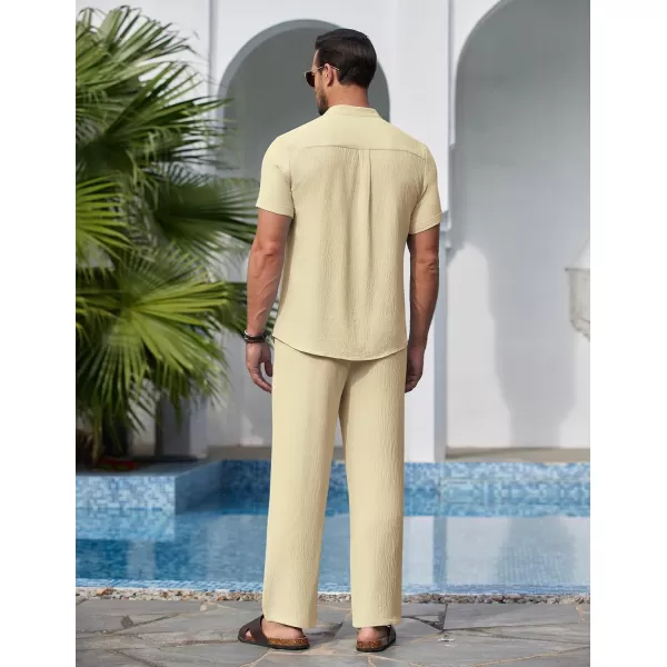 COOFANDY Men's 2 Pieces Cotton Linen Set Casual Short Sleeve Henley Shirts Beach Yoga Pants Summer Outfits