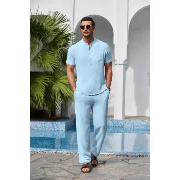 COOFANDY Men's 2 Pieces Cotton Linen Set Casual Short Sleeve Henley Shirts Beach Yoga Pants Summer Outfits
