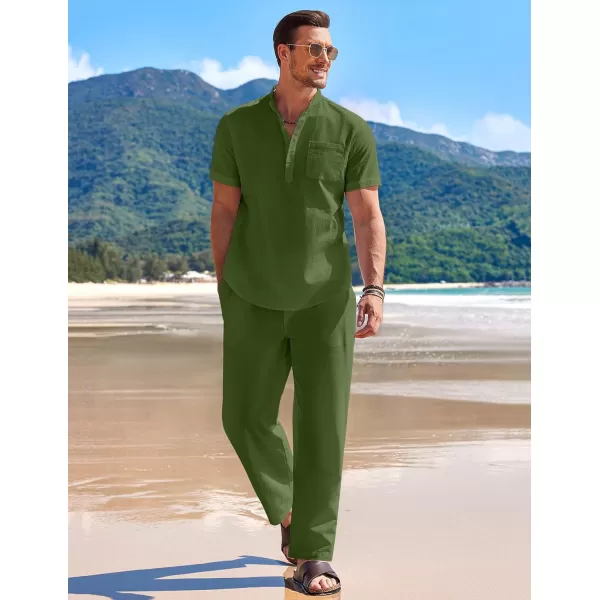 COOFANDY Men's 2 Pieces Cotton Linen Set Casual Short Sleeve Henley Shirts Beach Yoga Pants Summer Outfits