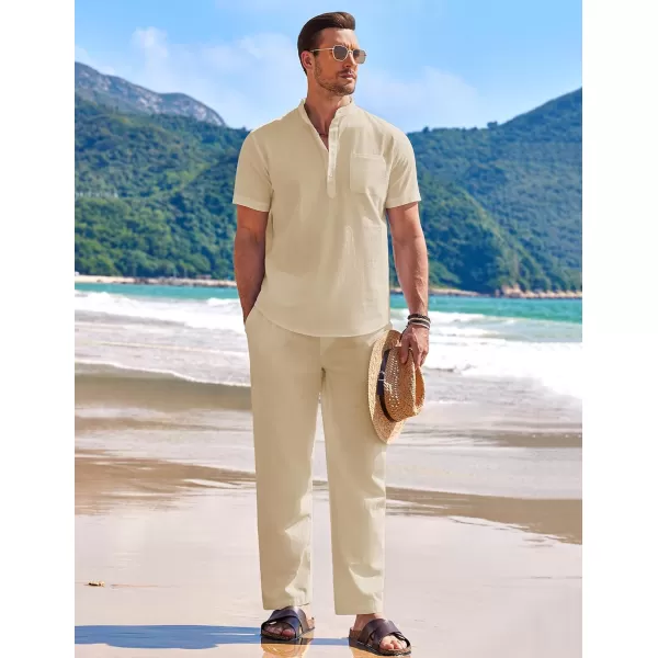 COOFANDY Men's 2 Pieces Cotton Linen Set Casual Short Sleeve Henley Shirts Beach Yoga Pants Summer Outfits