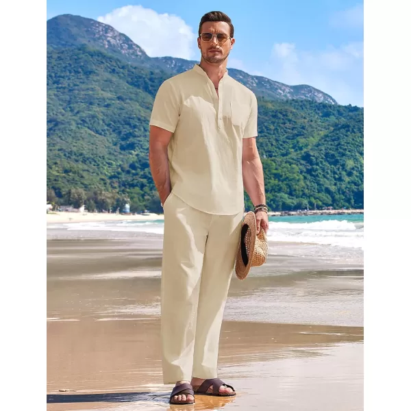 COOFANDY Men's 2 Pieces Cotton Linen Set Casual Short Sleeve Henley Shirts Beach Yoga Pants Summer Outfits