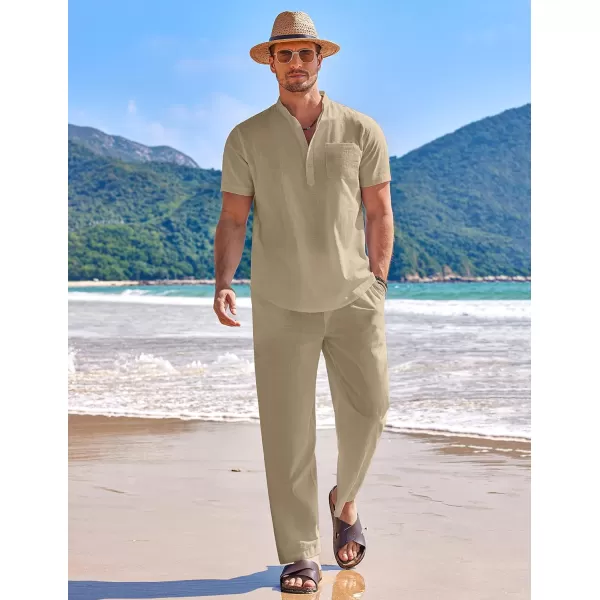 COOFANDY Men's 2 Pieces Cotton Linen Set Casual Short Sleeve Henley Shirts Beach Yoga Pants Summer Outfits