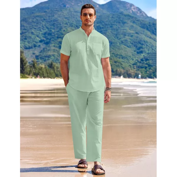 COOFANDY Men's 2 Pieces Cotton Linen Set Casual Short Sleeve Henley Shirts Beach Yoga Pants Summer Outfits