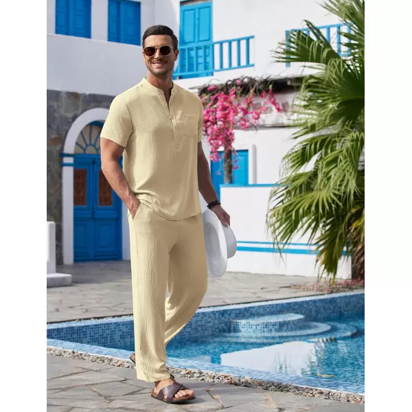 COOFANDY Men's 2 Pieces Cotton Linen Set Casual Short Sleeve Henley Shirts Beach Yoga Pants Summer Outfits