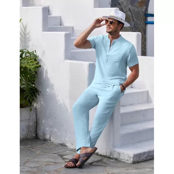 COOFANDY Men's 2 Pieces Cotton Linen Set Casual Short Sleeve Henley Shirts Beach Yoga Pants Summer Outfits