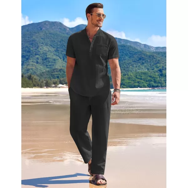 COOFANDY Men's 2 Pieces Cotton Linen Set Casual Short Sleeve Henley Shirts Beach Yoga Pants Summer Outfits