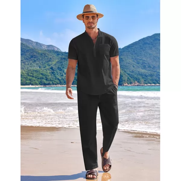 COOFANDY Men's 2 Pieces Cotton Linen Set Casual Short Sleeve Henley Shirts Beach Yoga Pants Summer Outfits
