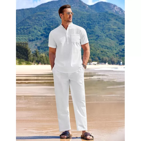COOFANDY Men's 2 Pieces Cotton Linen Set Casual Short Sleeve Henley Shirts Beach Yoga Pants Summer Outfits