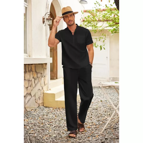 COOFANDY Men's 2 Pieces Cotton Linen Set Casual Short Sleeve Henley Shirts Beach Yoga Pants Summer Outfits
