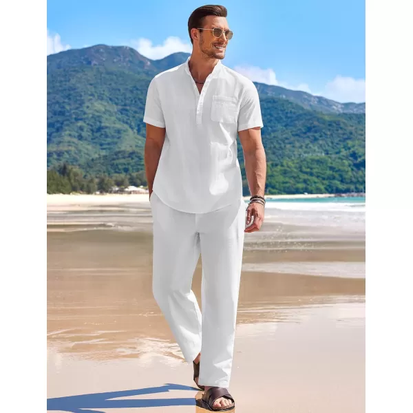 COOFANDY Men's 2 Pieces Cotton Linen Set Casual Short Sleeve Henley Shirts Beach Yoga Pants Summer Outfits