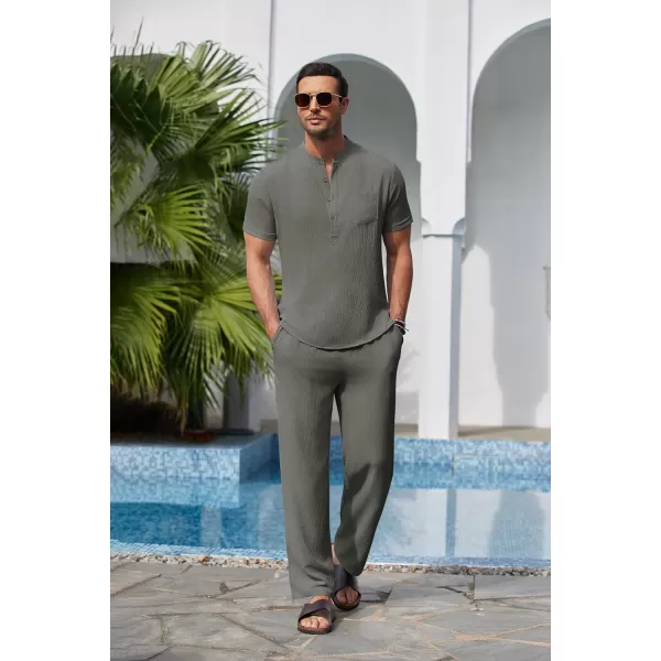 COOFANDY Men's 2 Pieces Cotton Linen Set Casual Short Sleeve Henley Shirts Beach Yoga Pants Summer Outfits