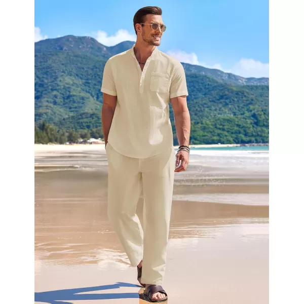 COOFANDY Men's 2 Pieces Cotton Linen Set Casual Short Sleeve Henley Shirts Beach Yoga Pants Summer Outfits