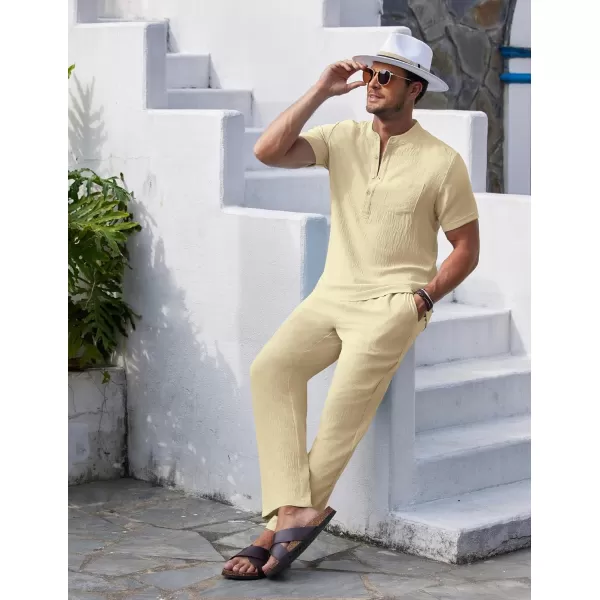 COOFANDY Men's 2 Pieces Cotton Linen Set Casual Short Sleeve Henley Shirts Beach Yoga Pants Summer Outfits