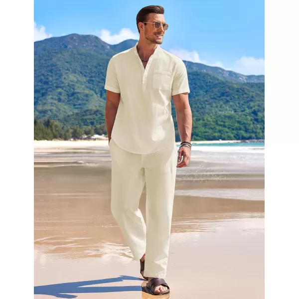 COOFANDY Men's 2 Pieces Cotton Linen Set Casual Short Sleeve Henley Shirts Beach Yoga Pants Summer Outfits