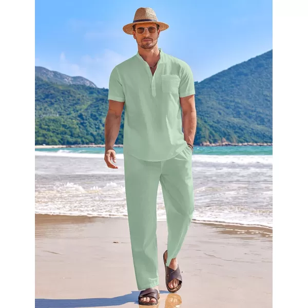 COOFANDY Men's 2 Pieces Cotton Linen Set Casual Short Sleeve Henley Shirts Beach Yoga Pants Summer Outfits