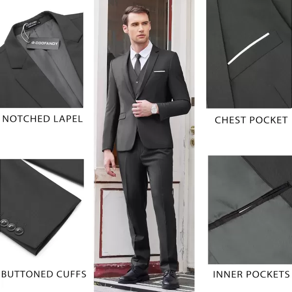 COOFANDY Men's 3 Piece Slim Fit Suit Set One Button Jacket Blazer Vest Pants Set Wedding Formal Prom Tuxedo Suits