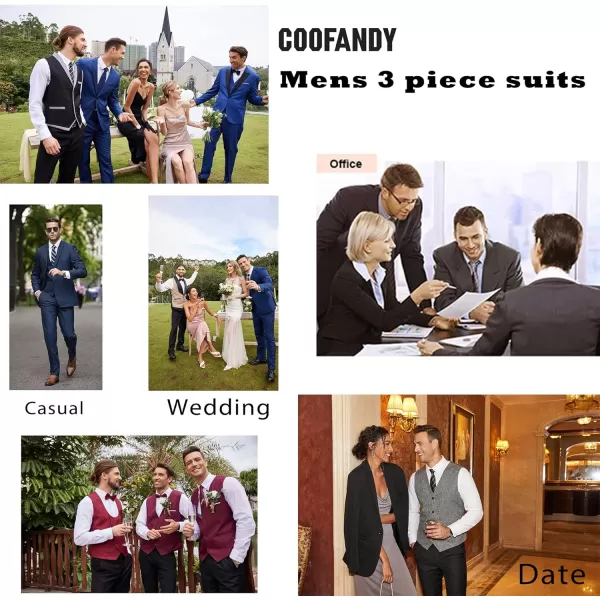COOFANDY Men's 3 Piece Slim Fit Suit Set One Button Jacket Blazer Vest Pants Set Wedding Formal Prom Tuxedo Suits