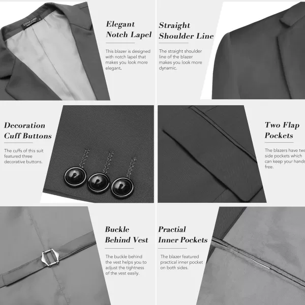 COOFANDY Men's 3 Pieces Slim Fit Suits Classic Solid Jacket Vest Pants Two Button Blazer for Business Wedding Party