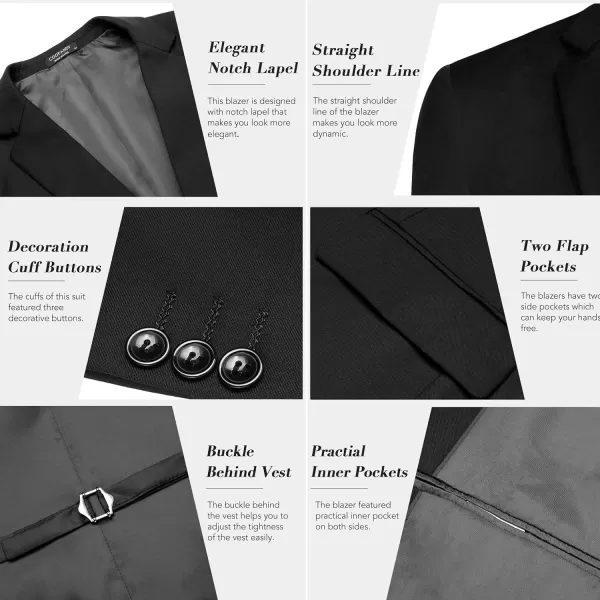 COOFANDY Men's 3 Pieces Slim Fit Suits Classic Solid Jacket Vest Pants Two Button Blazer for Business Wedding Party