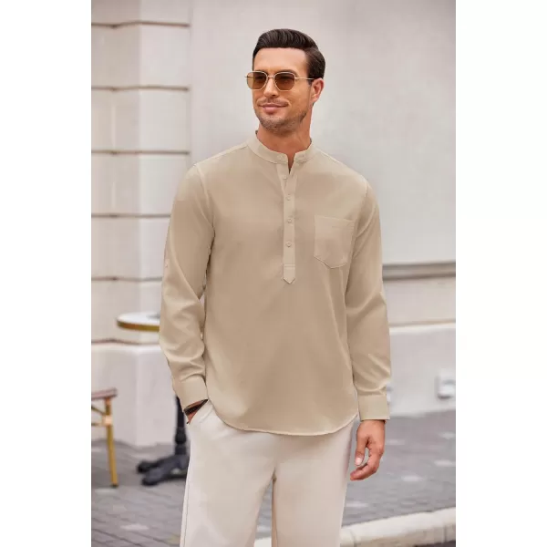 COOFANDY Men's Casual Henley Shirts Long Sleeve Band Collar Summer Linen Beach Hippie T Shirts with Pocket