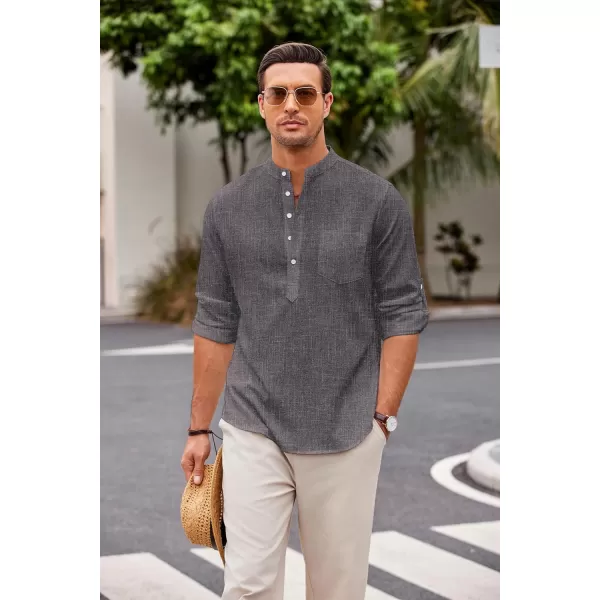COOFANDY Men's Casual Henley Shirts Long Sleeve Band Collar Summer Linen Beach Hippie T Shirts with Pocket