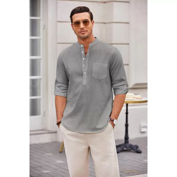 COOFANDY Men's Casual Henley Shirts Long Sleeve Band Collar Summer Linen Beach Hippie T Shirts with Pocket
