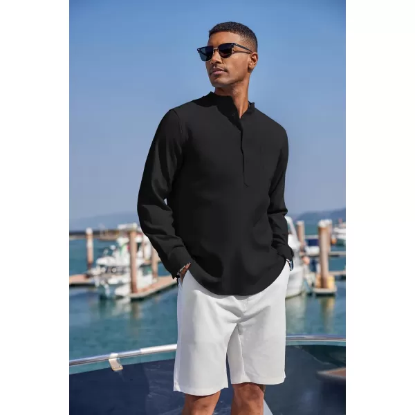 COOFANDY Men's Casual Henley Shirts Long Sleeve Band Collar Summer Linen Beach Hippie T Shirts with Pocket