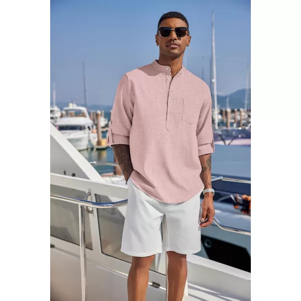 COOFANDY Men's Casual Henley Shirts Long Sleeve Band Collar Summer Linen Beach Hippie T Shirts with Pocket