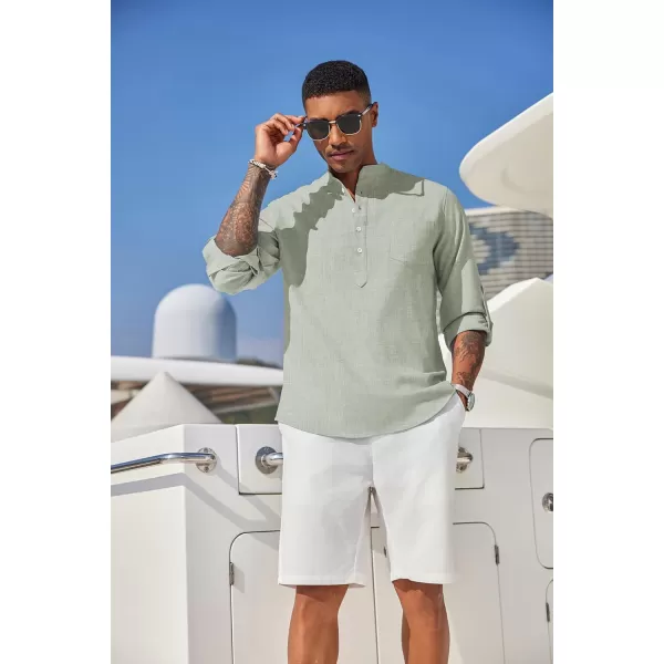 COOFANDY Men's Casual Henley Shirts Long Sleeve Band Collar Summer Linen Beach Hippie T Shirts with Pocket