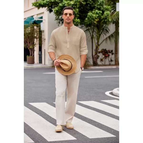 COOFANDY Men's Casual Henley Shirts Long Sleeve Band Collar Summer Linen Beach Hippie T Shirts with Pocket
