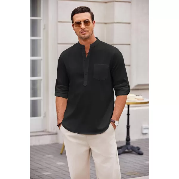 COOFANDY Men's Casual Henley Shirts Long Sleeve Band Collar Summer Linen Beach Hippie T Shirts with Pocket
