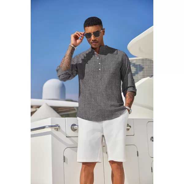 COOFANDY Men's Casual Henley Shirts Long Sleeve Band Collar Summer Linen Beach Hippie T Shirts with Pocket