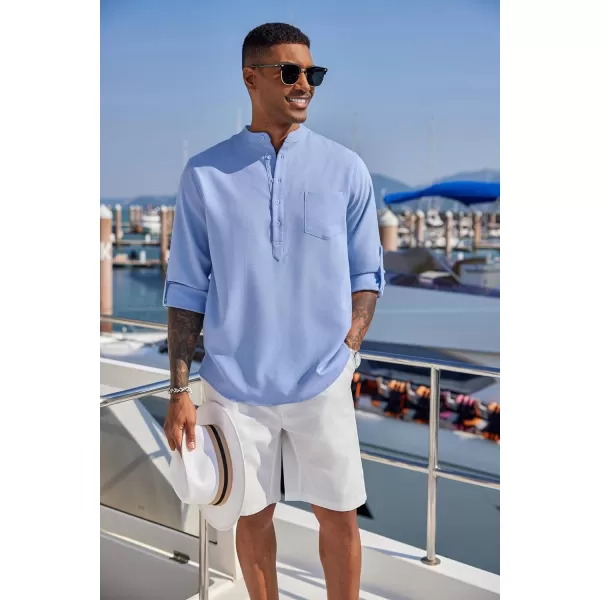 COOFANDY Men's Casual Henley Shirts Long Sleeve Band Collar Summer Linen Beach Hippie T Shirts with Pocket