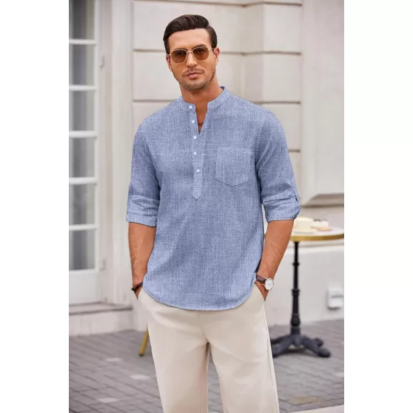 COOFANDY Men's Casual Henley Shirts Long Sleeve Band Collar Summer Linen Beach Hippie T Shirts with Pocket