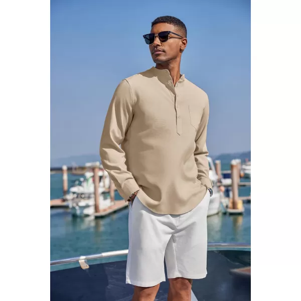 COOFANDY Men's Casual Henley Shirts Long Sleeve Band Collar Summer Linen Beach Hippie T Shirts with Pocket